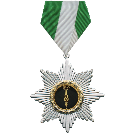 Pfänderorden Zepter mit grün-weißem Banddreieck Pfänderorden „Zepter“ in silberfarbener Sternform mit schwarzer Mittelauflage und goldenem Zepter-Motiv, an einem grün-weißen Banddreieck mit Ring befestigt