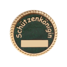 Abzeichen vergoldet ohne Befestigung, rund mit Schriftzug Schützenkönigin Rundes vergoldetes Abzeichen ohne Befestigung mit grünem Hintergrund, umlaufendem Schriftzug Schützenkönigin und rechteckigem Gravurfeld im unteren Bereich