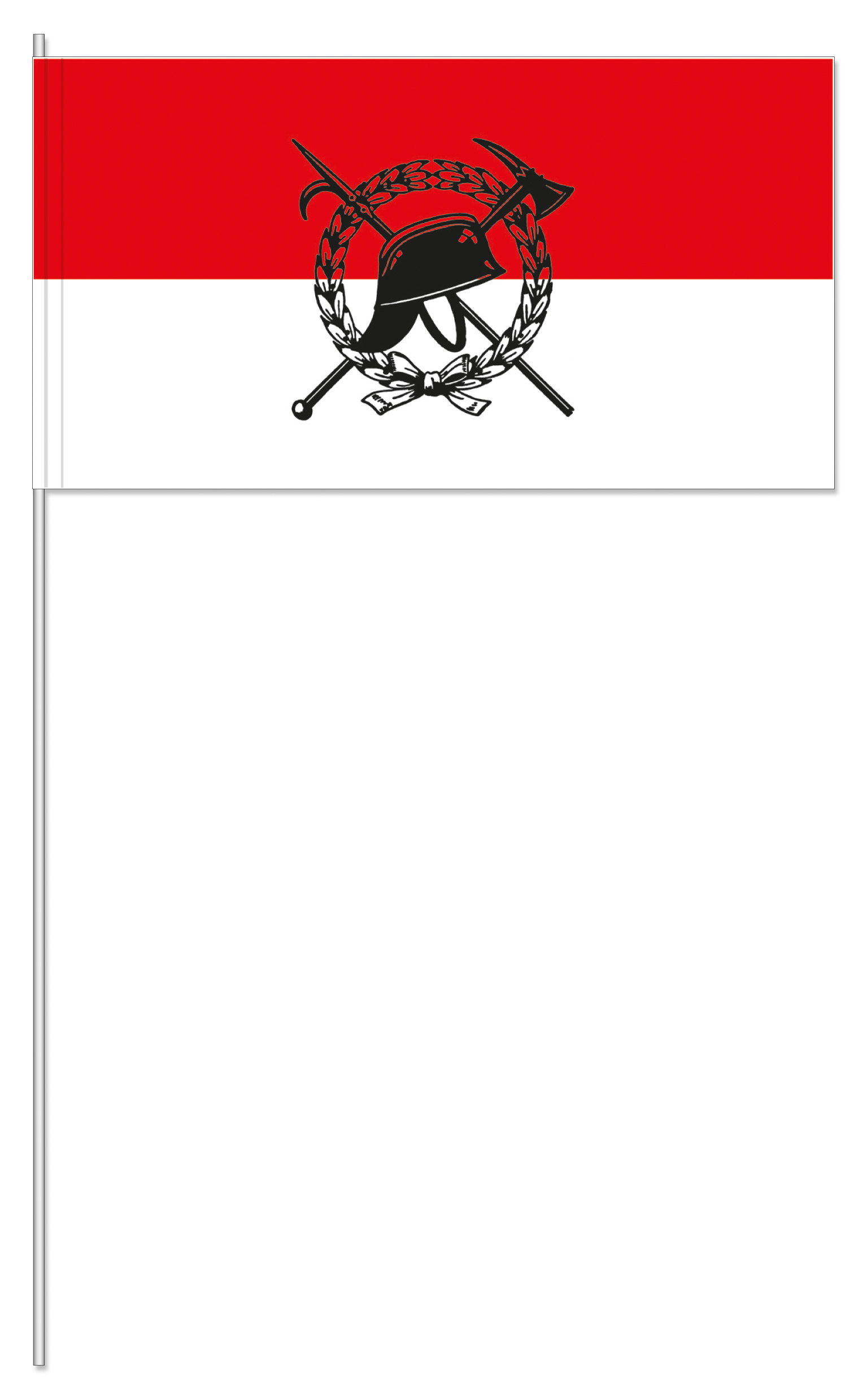 Papierfähnchen mit Feuerwehr Symbol, rot-weiß mit schwarzem Feuerwehrmotiv Papierfähnchen mit Feuerwehr Symbol an weißem Stab, rechteckig in Rot und Weiß mit schwarzem Feuerwehrmotiv aus Helm, gekreuzten Geräten und Lorbeerkranz in der Mitte
