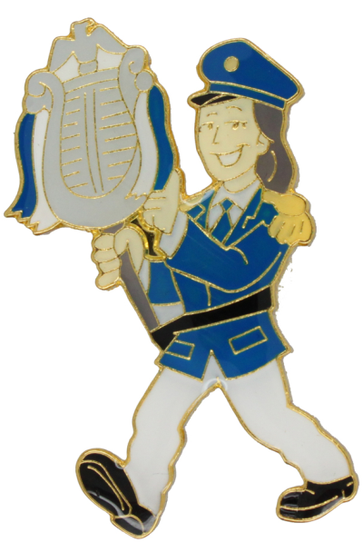 Musikerabzeichen mit Lyraspielerin in Blau-Weiß und Gold Musikerabzeichen mit marschierender Lyraspielerin, in Blau-Weiß mit goldfarbener Umrandung und Lyra-Motiv als metallisches Abzeichen