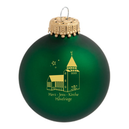 Hövelriege Herz-Jesu-Kirche Weihnachtskugel aus grünem Glas mit Kirchenmotiv Grüne Weihnachtskugel aus Glas mit goldfarbenem Motiv der Herz-Jesu-Kirche Hövelriege und Schriftzug auf der Vorderseite, mit goldfarbener Aufhängung.