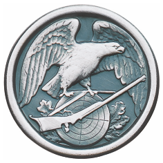 Auflage mit Schützenadler und Gewehr, rund Runde Auflage ohne Befestigung mit Schützenadler über gekreuztem Gewehr und Zielscheibe, umrahmt von Eichenlaub, in silberfarbener Optik