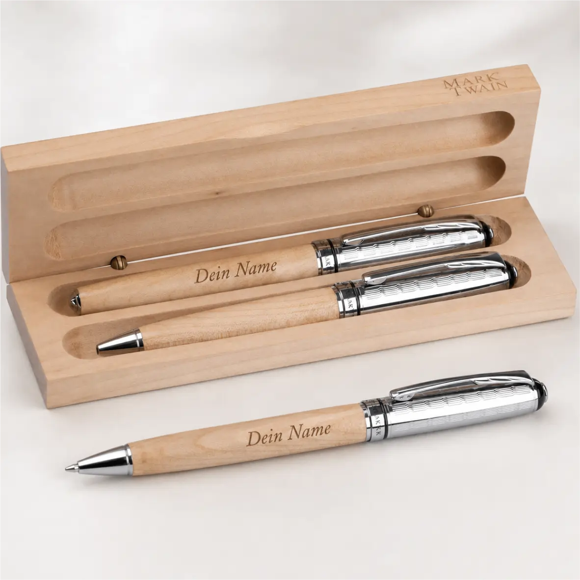 Mark Twain Schreibset incl. Lasergravur Holzstift, Kugelstift, Personalisierbar, Holzbox, Metallakzente